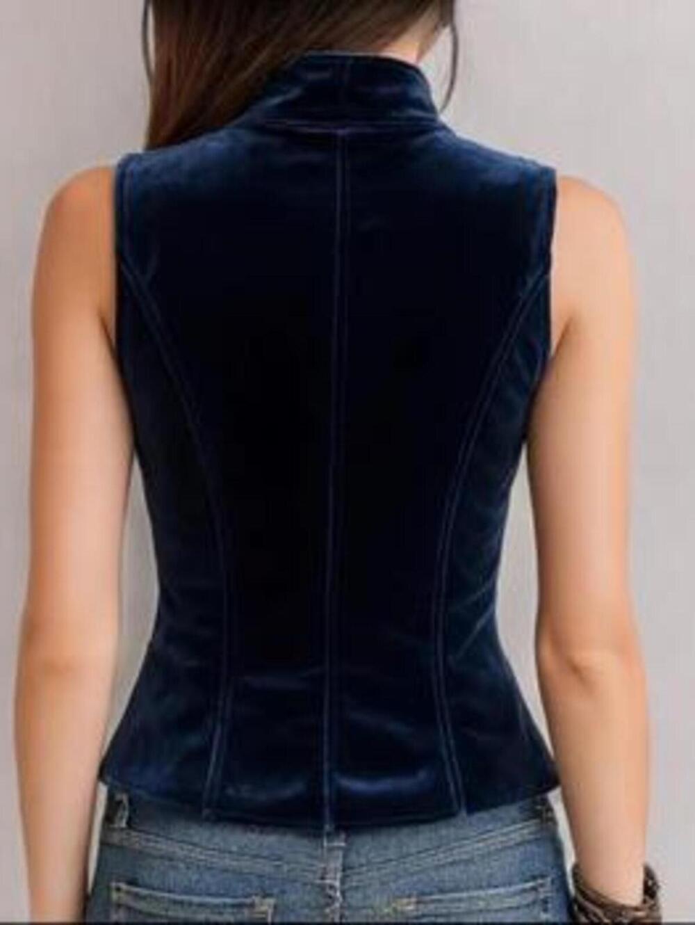 NEW Y2K Retro Vintage SZ M Velvet Blue Double Breasted Boho Button-Up Vest Top - Picture 2 of 10